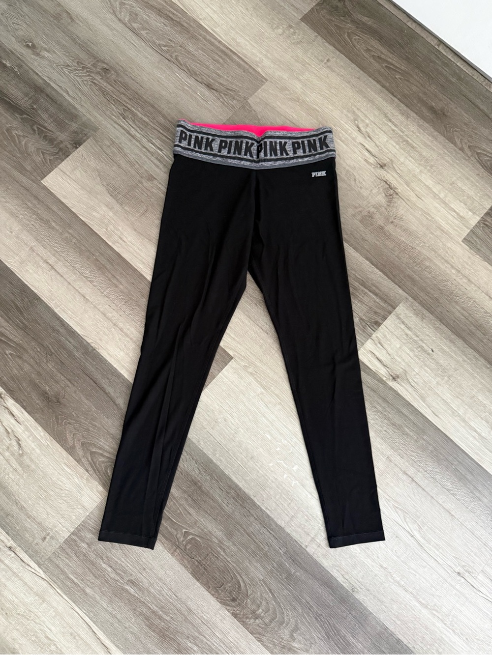 Victoria's Secret PINK Black Leggings with Gray Logo Waistband and Pink Trim